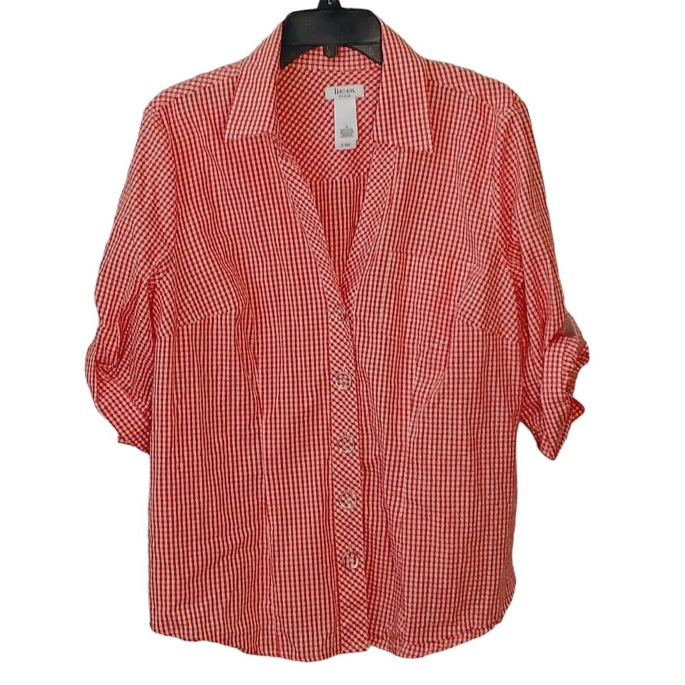liz & co. Red and White Gingham Button-Up Blouse